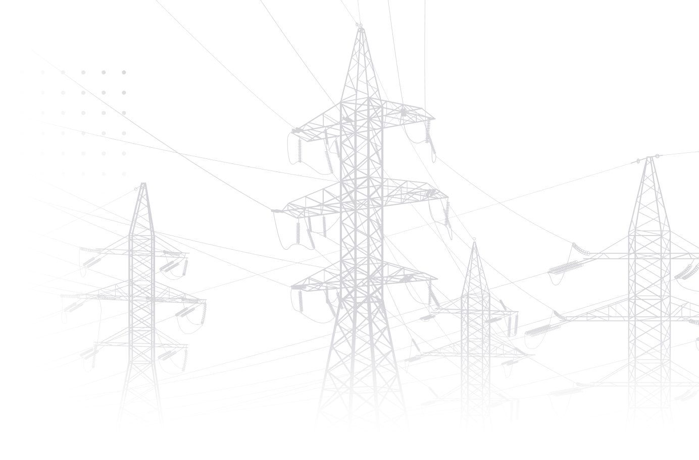 Stylized illustration showing multiple transmission towers with tangled high-voltage lines on a dark background
