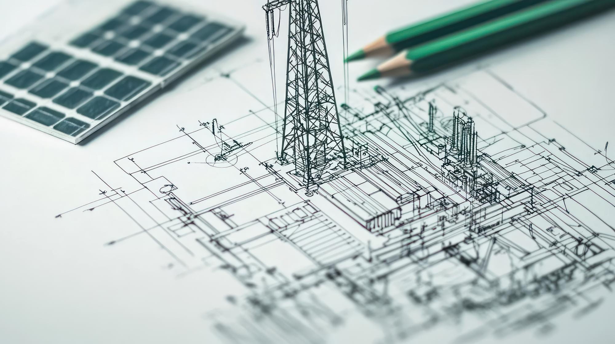 Detailed electrical engineering layout with substation tower sketch, solar panel sample and green pencils on blueprint paper