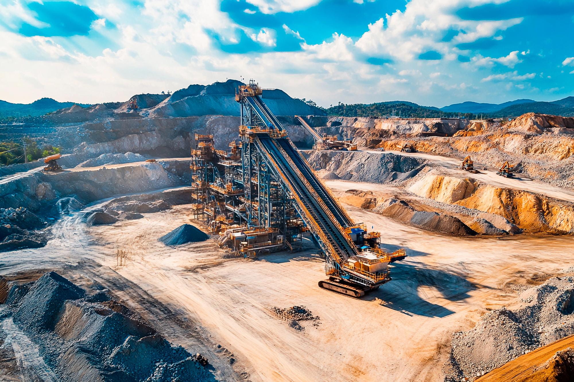Open-pit mine with a tall conveyor gantry, multiple conveyor belts, excavators and stockpiles of crushed rock