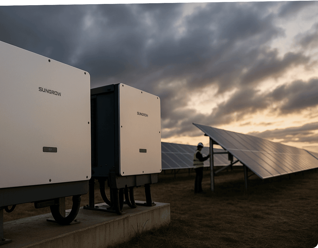 Sungrow inverters beside rows of ground‑mounted solar panels and a technician under cloudy sunset skies