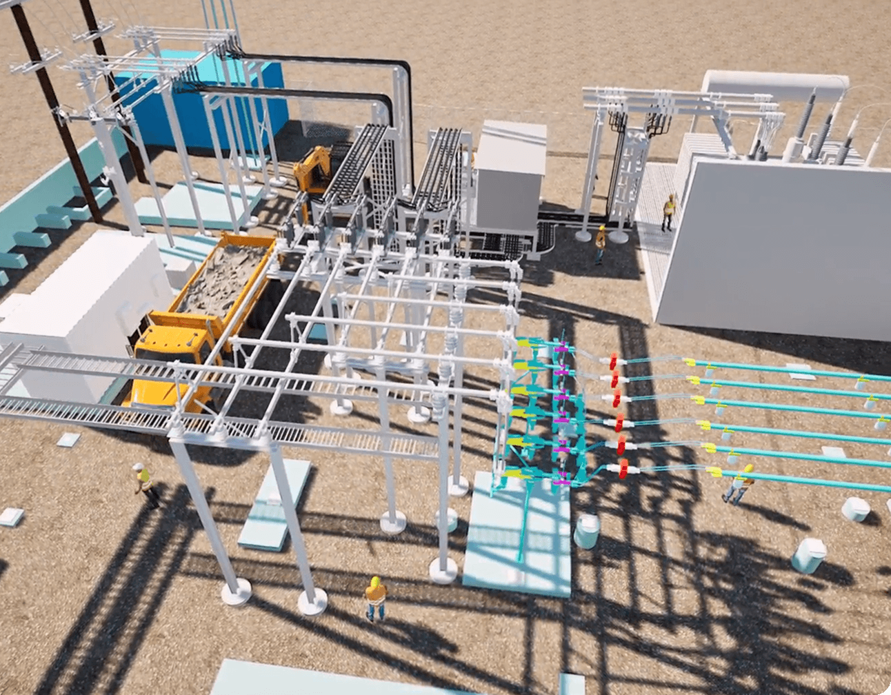 3D rendering of 138kV substation expansion showing transformers, switchgear, cable trays, buswork and construction workers