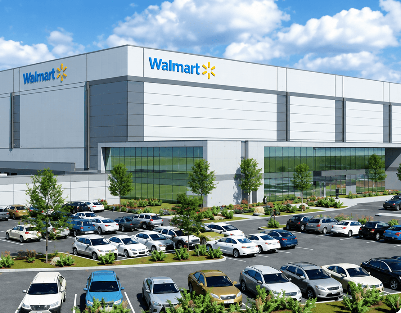 Large Walmart distribution center exterior with glass offices, loading bays and occupied employee parking lot