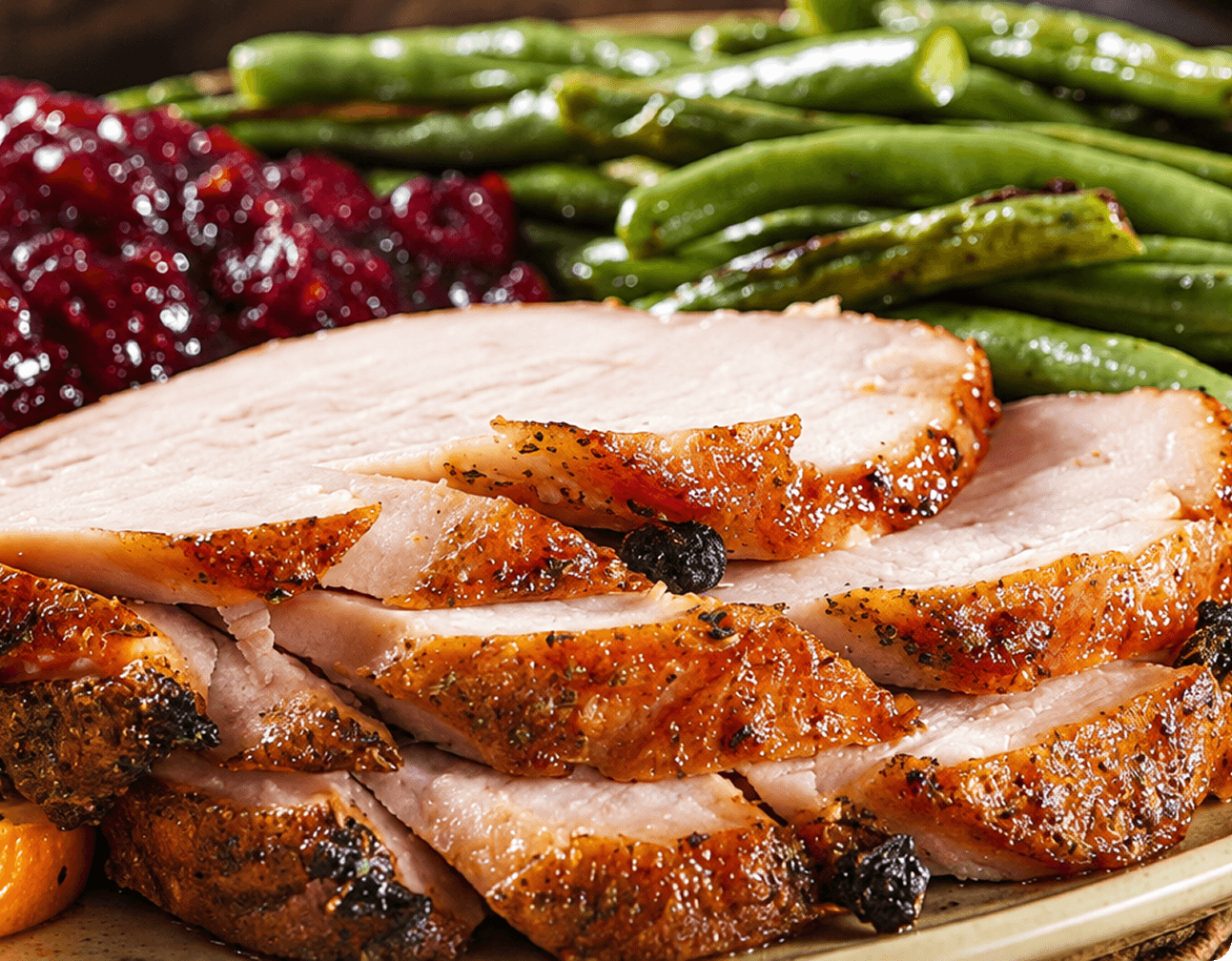 Sliced roast pork loin with seasoned browned crust served with green beans and cranberry sauce on a plate, close-up