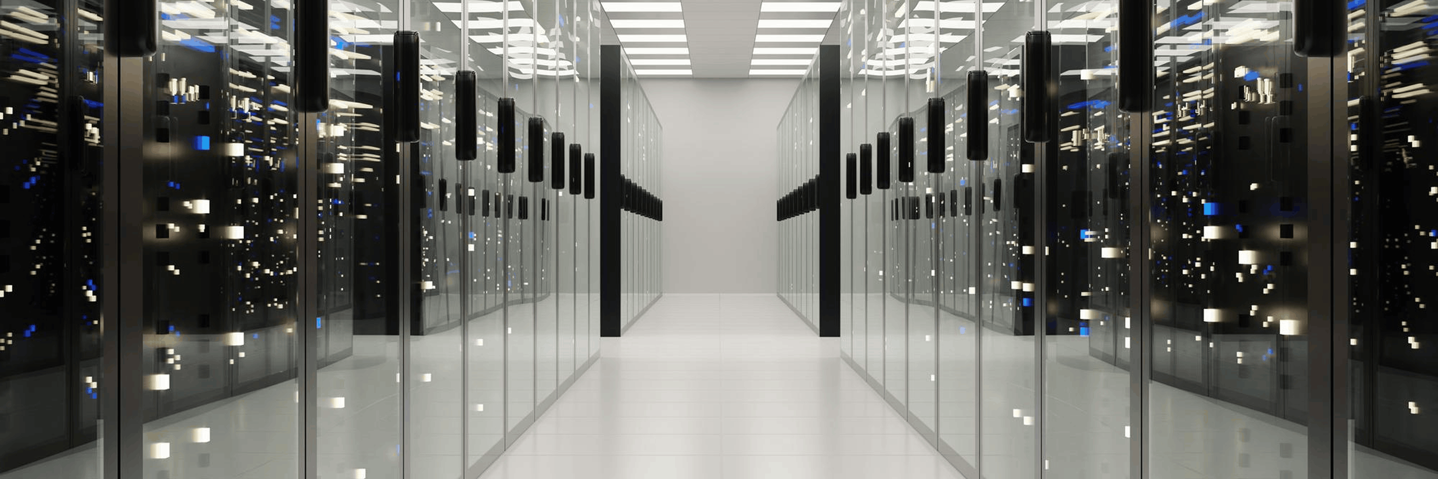 Bright, secure data center aisle with glass server cabinets, reflected LED indicators and suspended cable management arms