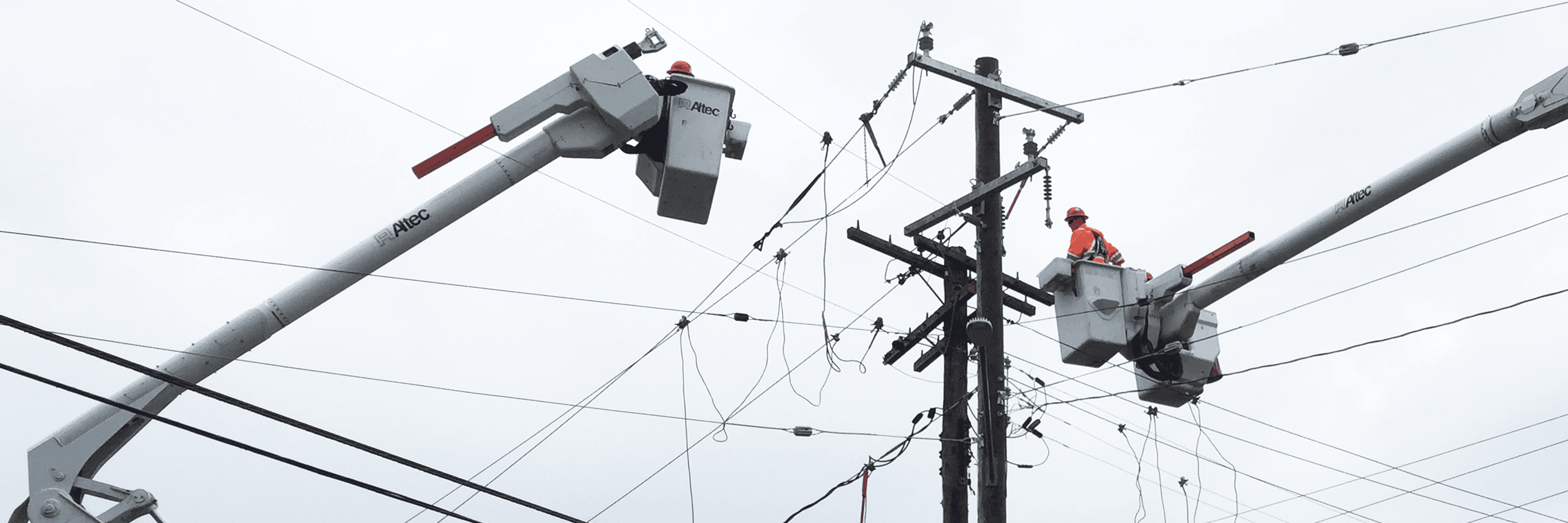 Two linemen in orange safety gear working from bucket trucks repairing tangled overhead distribution lines on a wooden pole