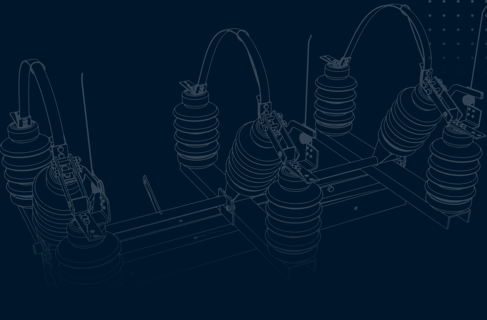 Line-art schematic of high-voltage switchgear with multiple insulators and arcing contacts mounted on a metal frame