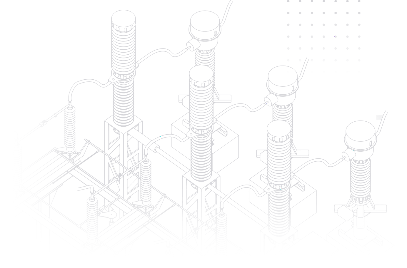 Isometric illustration of an electrical substation with transformers, insulators, busbars and high-voltage connections