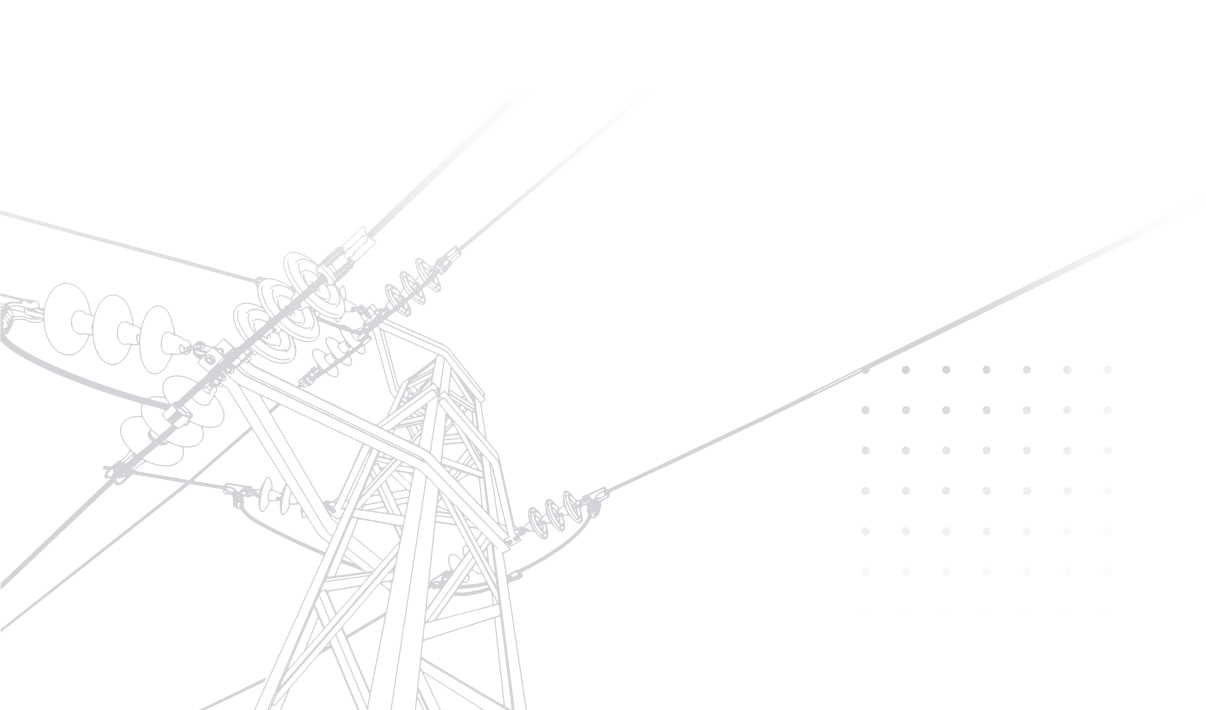 Gray illustration of a high-voltage utility pole with crossarms, insulators and multiple overhead power lines on black