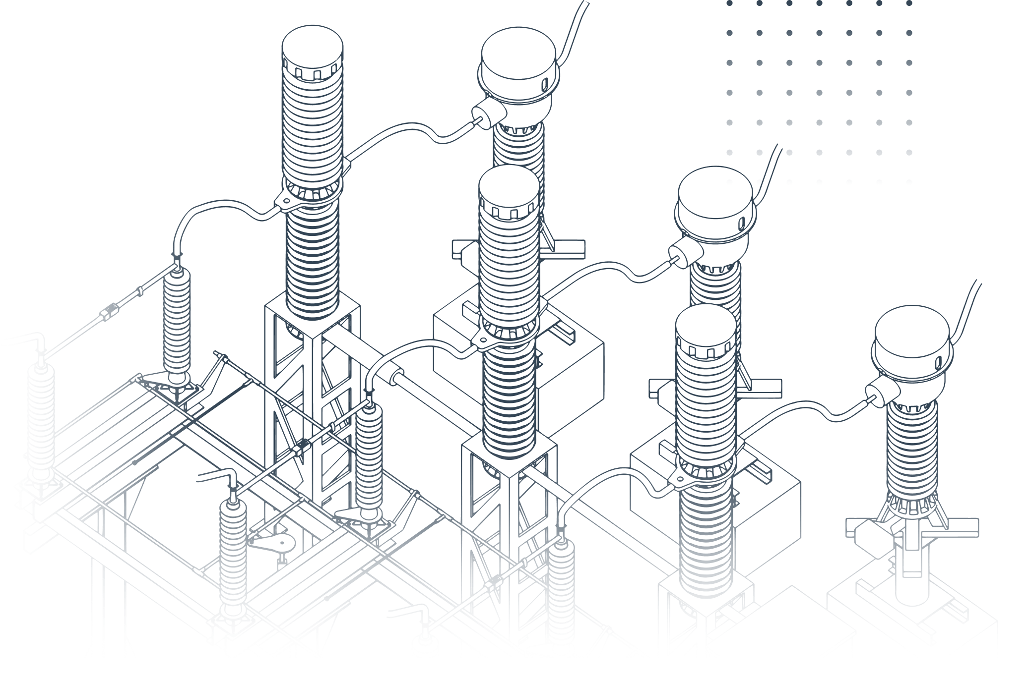 Blue line-drawing illustration of high-voltage substation insulators, bushings and connecting jumpers on a dark background
