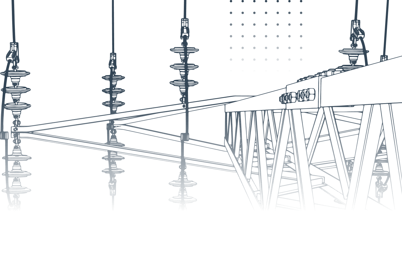 Line-art illustration showing electrical substation insulators, overhead transmission lines and a transformer enclosure