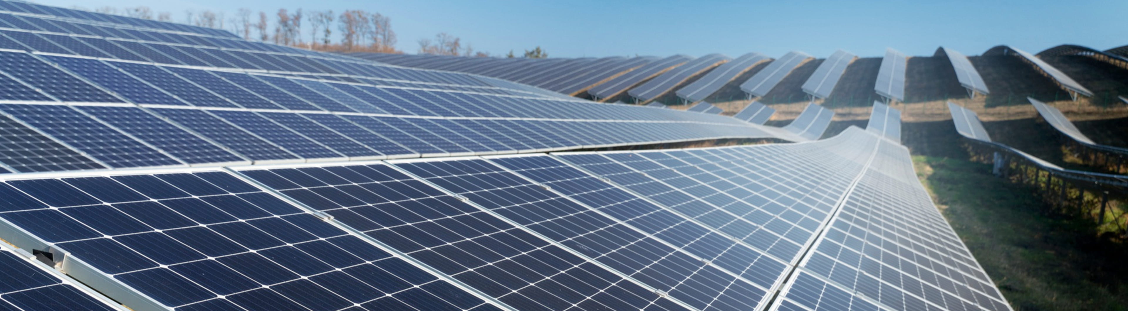 Utility-scale solar farm with rows of tilted photovoltaic panels and visible mounting racks on grassy terrain