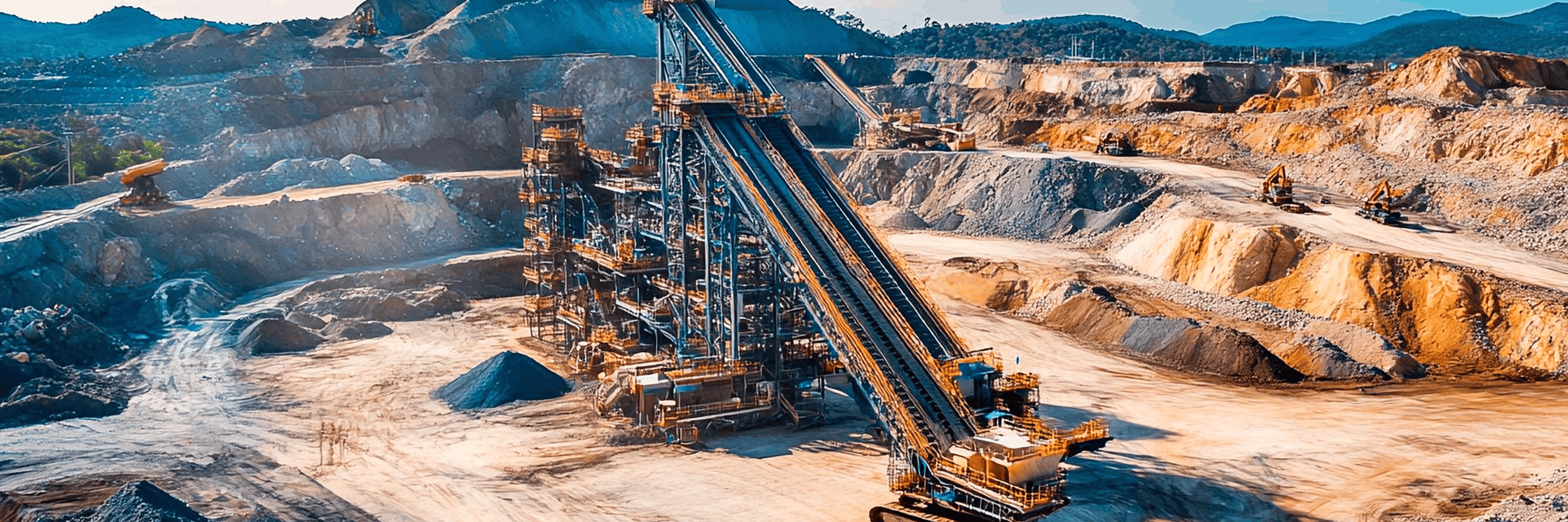 Open-pit quarry scene with a tall conveyor structure, aggregate piles and excavators working the site