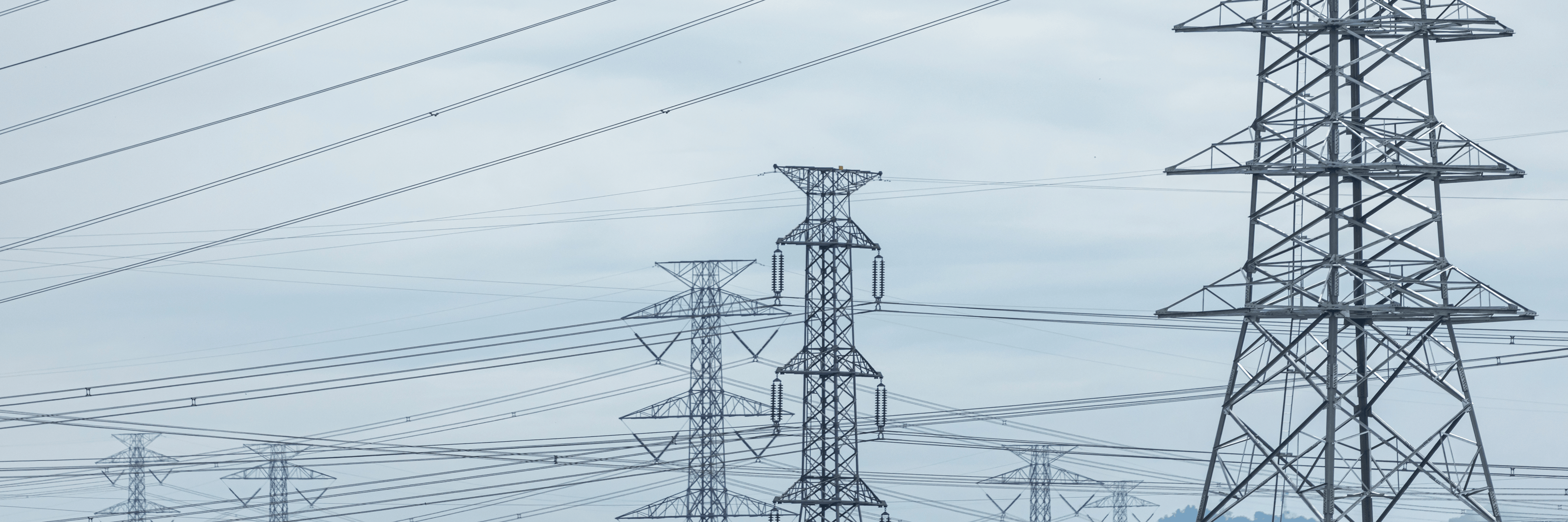 High-voltage steel transmission towers with numerous overhead power lines crossing an open sky in a transmission corridor