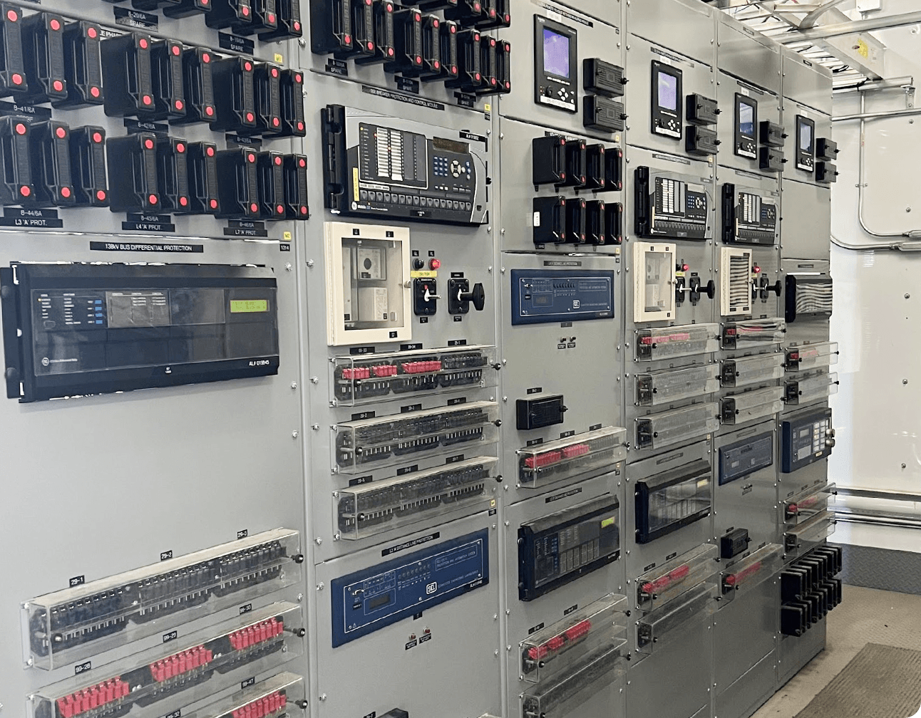 Control switchgear panels with protective relays, meters, terminal blocks and labeled distribution modules