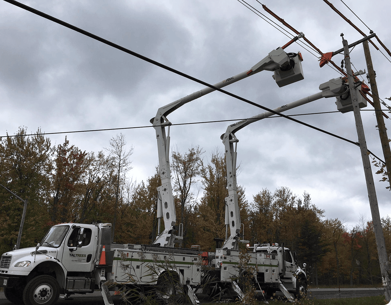 Two utility bucket trucks with extended booms performing live-line work on overhead distribution lines under cloudy sky
