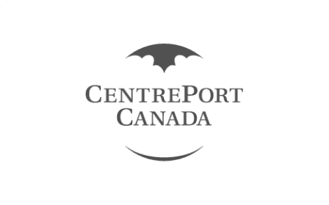 CentrePort Canada logo in grayscale showing stylized arc and bat-wing emblem above serif text, centered on white background