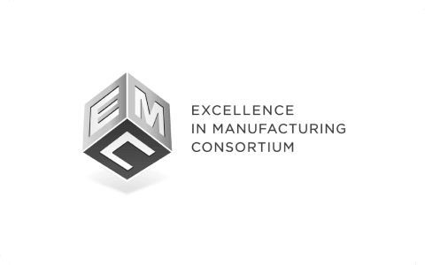 Metallic 3D cube logo showing EMC initials left with "EXCELLENCE IN MANUFACTURING CONSORTIUM" text on white