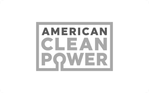 American Clean Power logo in grayscale centered on white background, rectangular badge with stylized plug motif under text