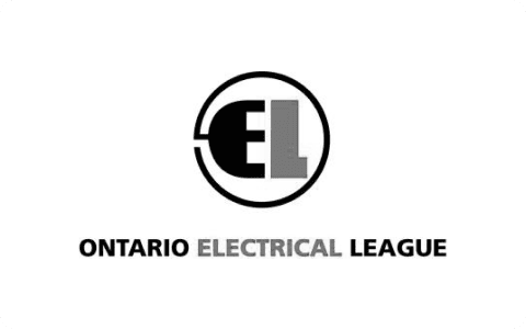 Ontario Electrical League black and gray circular EL logo centered above bold organization name on white background