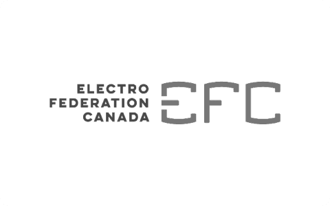 Electro Federation Canada logo with stacked text at left and three stylized gray "EFC" letters on white