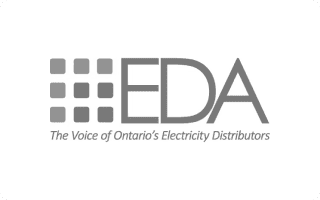 Grayscale EDA logo showing a nine-square grid icon left of EDA lettering and the tagline about Ontario distributors